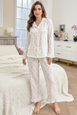 Women's Buttoned Long Sleeve Small Heart Patterned Long Pajama Set - Image 7