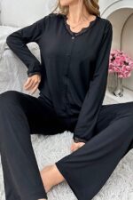 Black Cotton Lace Detailed Seasonal Pajama Set