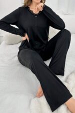 Black Cotton Lace Detailed Seasonal Pajama Set - Image 3