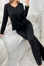 Black Cotton Lace Detailed Seasonal Pajama Set - Image 4