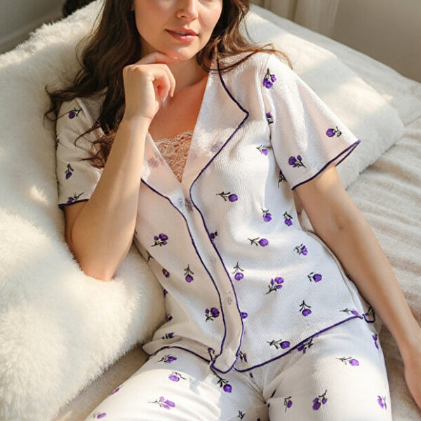 Romantic Cotton Tulip Patterned Lace Detail Summer Pajama Set