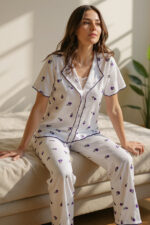 Romantic Cotton Tulip Patterned Lace Detail Summer Pajama Set - Image 3