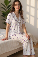 Romantic Cotton Tulip Patterned Lace Detail Summer Pajama Set - Image 4