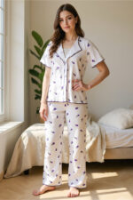 Romantic Cotton Tulip Patterned Lace Detail Summer Pajama Set - Image 6