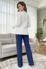 Heart Detail Embroidered Beige - Navy Long-Sleeve Pajama Set - Image 4