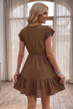 Brown V-Neck Short Sleeve Buttoned Summer Dress - Image 5