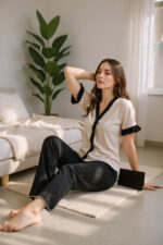 Cotton Buttoned Black Piping Summer Pajama Set - Image 7