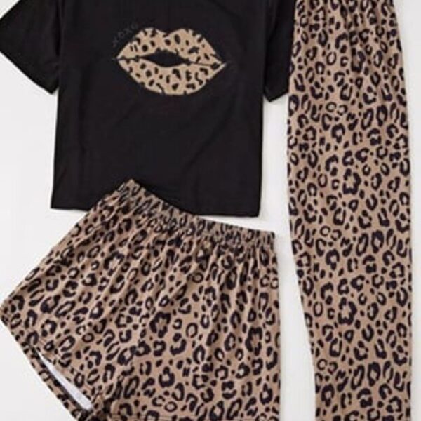 3-Piece Pajama Set with Leopard Printed Pieces of Cotton Pieces Each