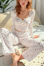 Floral Printed Long Sleeve Cotton - Viscose Pajama Set