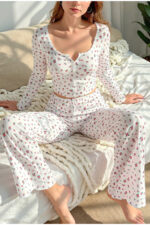 Floral Printed Long Sleeve Cotton - Viscose Pajama Set - Image 7