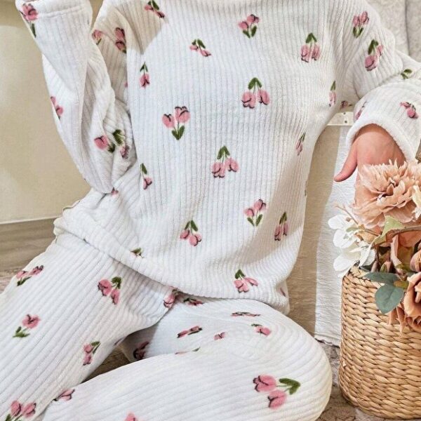 Floral Print Corded Fabric Cotton Long Pajama Set