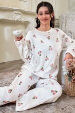 Floral Print Corded Fabric Cotton Long Pajama Set - Image 3