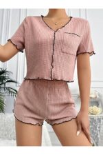 Dusty Rose Cotton Special Knitted Fabric Pajamas Set - Image 2