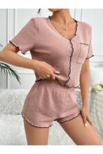 Dusty Rose Cotton Special Knitted Fabric Pajamas Set - Image 3