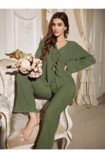 Green Front Tie Long Pajama Set - Image 2