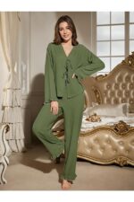 Green Front Tie Long Pajama Set - Image 3