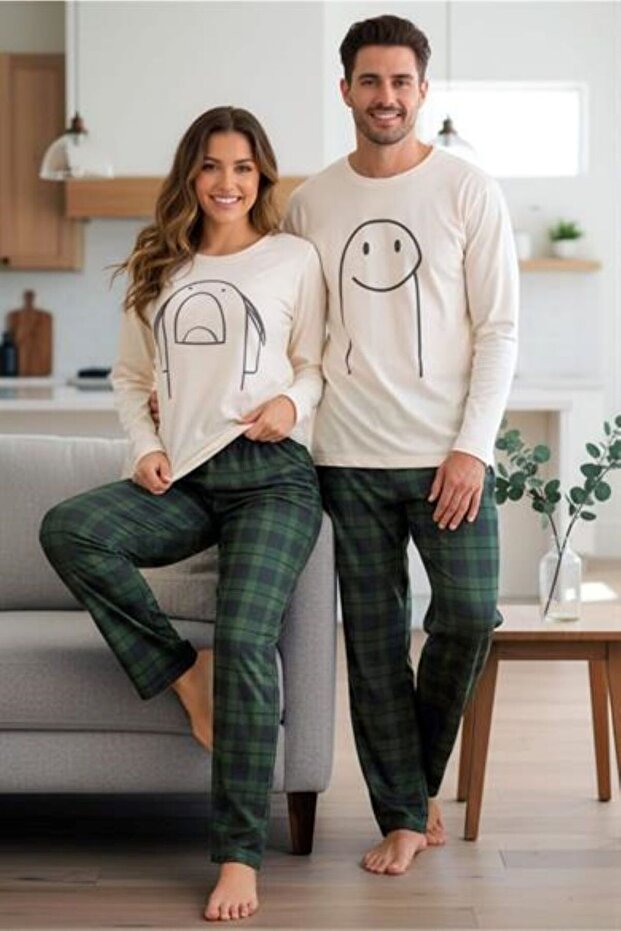 1_org_zoom-813.jpg Men's Green Plaid Printed Cute Couple Pajama Set - Image 1