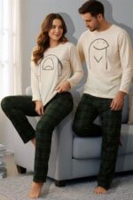 Men's Green Plaid Printed Cute Couple Pajama Set - Image 2