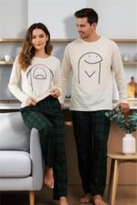 Men's Green Plaid Printed Cute Couple Pajama Set - Image 3