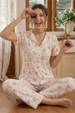 V-Neck Floral Patterned Printed Short Sleeve Pajama Set