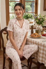 V-Neck Floral Patterned Printed Short Sleeve Pajama Set - Image 3