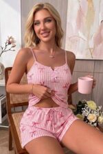 Summer Pink Plaid Patterned Bow Detailed Women's Pajama Set with Strappy Shorts