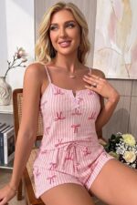 Summer Pink Plaid Patterned Bow Detailed Women's Pajama Set with Strappy Shorts - Image 2