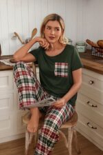 Women's Pocket Detailed Short Sleeve Plaid Couple Pajamas