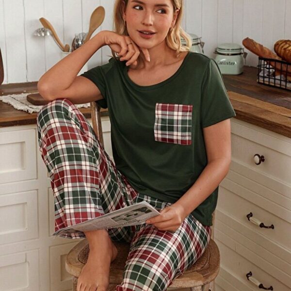 Women's Pocket Detailed Short Sleeve Plaid Couple Pajamas