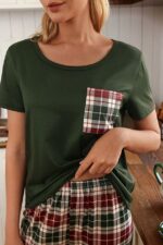 Women's Pocket Detailed Short Sleeve Plaid Couple Pajamas - Image 2