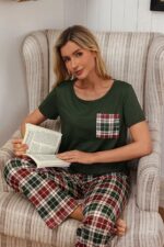 Women's Pocket Detailed Short Sleeve Plaid Couple Pajamas - Image 4