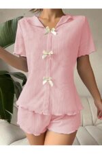 V-Neck Powder Pink Cotton Bow Detailed Pajama Set