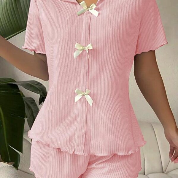 V-Neck Powder Pink Cotton Bow Detailed Pajama Set