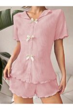 V-Neck Powder Pink Cotton Bow Detailed Pajama Set - Image 3