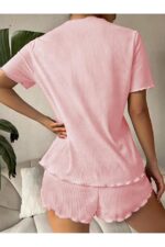 V-Neck Powder Pink Cotton Bow Detailed Pajama Set - Image 4