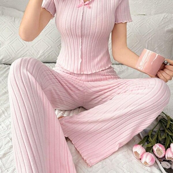 Pink Cotton Bow Detailed Seasonal Pajama Set