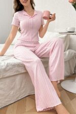 Pink Cotton Bow Detailed Seasonal Pajama Set - Image 4