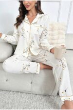 Floral Printed Pocket Detail Buttoned Daily Long Pajama Set
