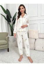 Floral Printed Pocket Detail Buttoned Daily Long Pajama Set - Image 3