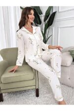 Floral Printed Pocket Detail Buttoned Daily Long Pajama Set - Image 4