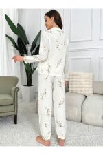 Floral Printed Pocket Detail Buttoned Daily Long Pajama Set - Image 6