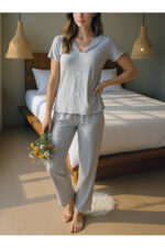Cotton Gray Bow Detailed Seasonal Pajama Set - Image 2