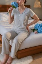Cotton Gray Bow Detailed Seasonal Pajama Set - Image 3