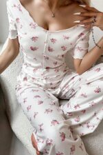 Ecru Floral Printed Decorative Button Summer Pajama Set - Image 3