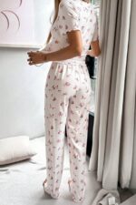 Ecru Floral Printed Decorative Button Summer Pajama Set - Image 5