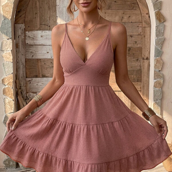 Dusty Rose Backless V-Neck Summer Dress