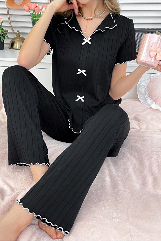 1_org_zoom-923.jpg Cotton Black Ribbed Seasonal Women's Pajamas Set - Image 1