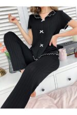 Cotton Black Ribbed Seasonal Women's Pajamas Set - Image 2
