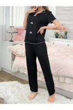 Cotton Black Ribbed Seasonal Women's Pajamas Set - Image 3