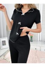 Cotton Black Ribbed Seasonal Women's Pajamas Set - Image 5